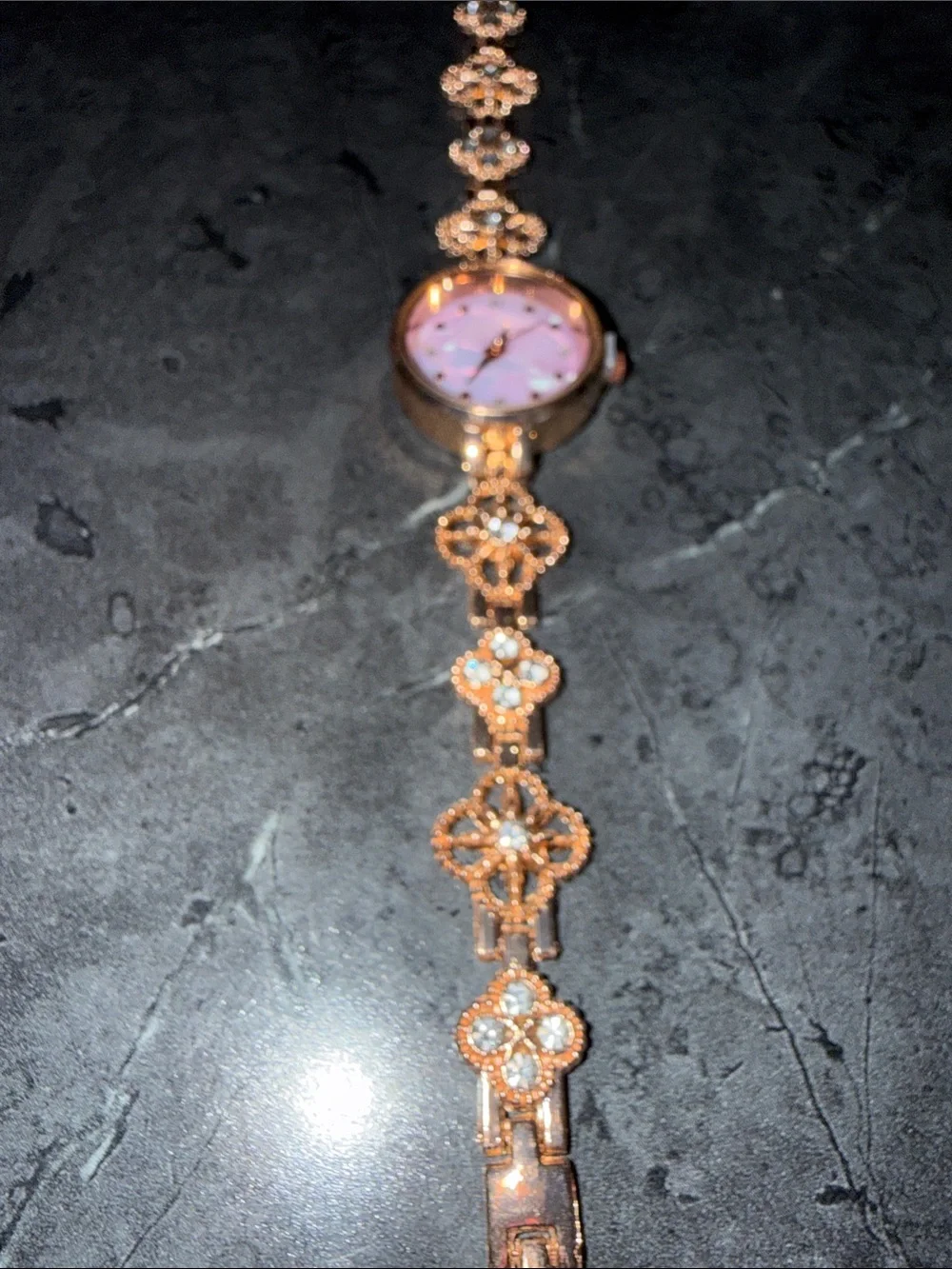Delicate Rose Gold Floral Link Bracelet Watch with Pink/purple mother of pearl